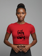 Person wearing a red crop top with text on a gray background