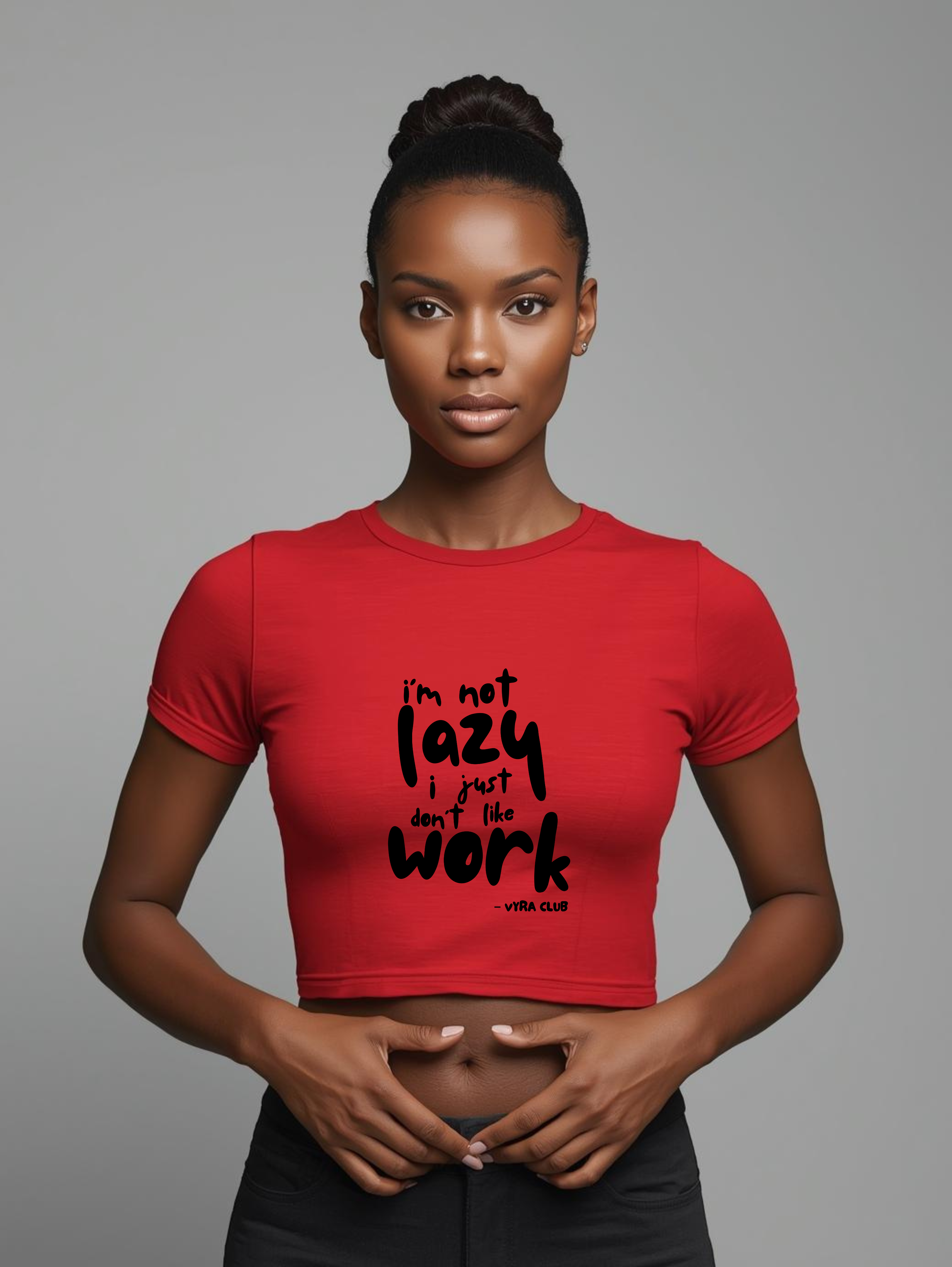 Person wearing a red crop top with text on a gray background